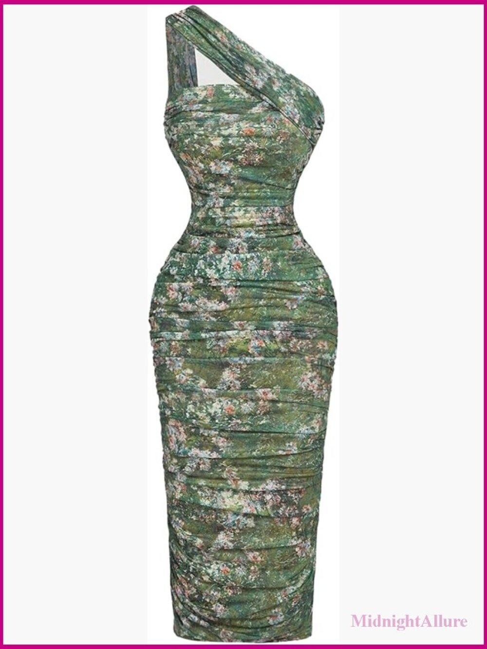 One Shoulder Mesh Ruched Bodycon Midi Dress Elegant Wedding Guest Cocktail Dress